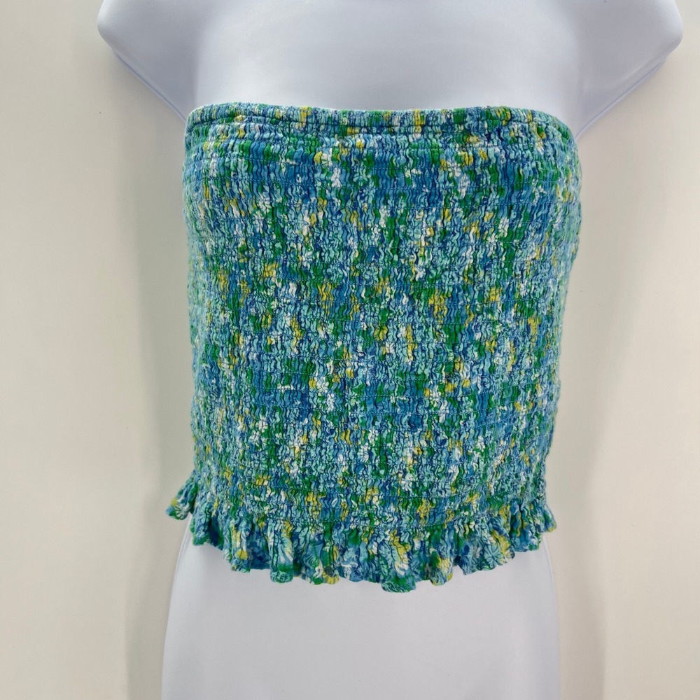 American Eagle Blue Floral Crop Top‎ M Smocked Strapless Boho Cottgecore Y2K